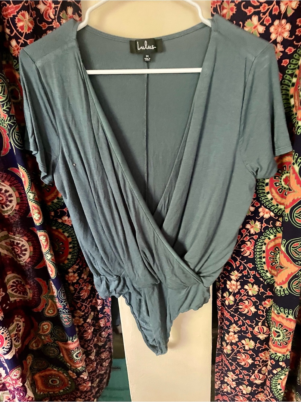 Lulu's Slate Blue Wrap-Front Bodysuit